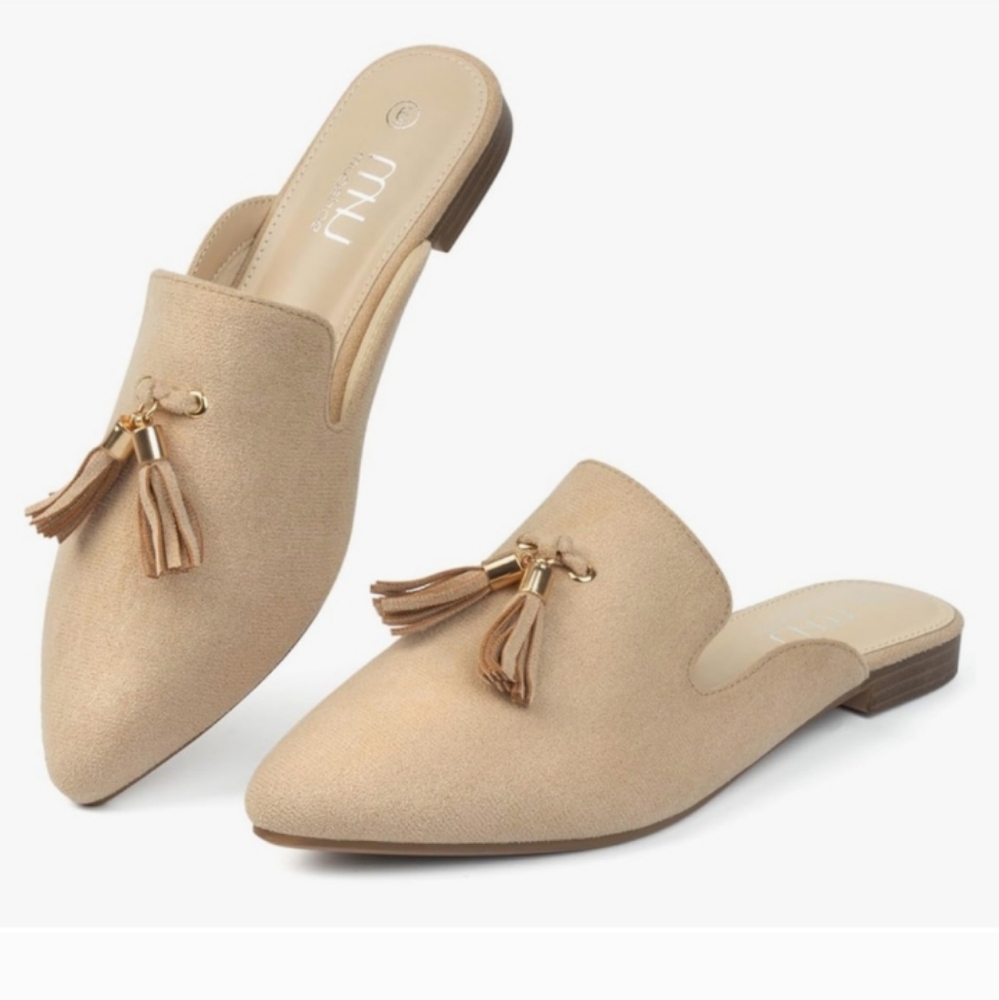 MUSSHOE Tan Comfortable Pointed Toe Slip-on Tassel Mules Size 8 NWOT